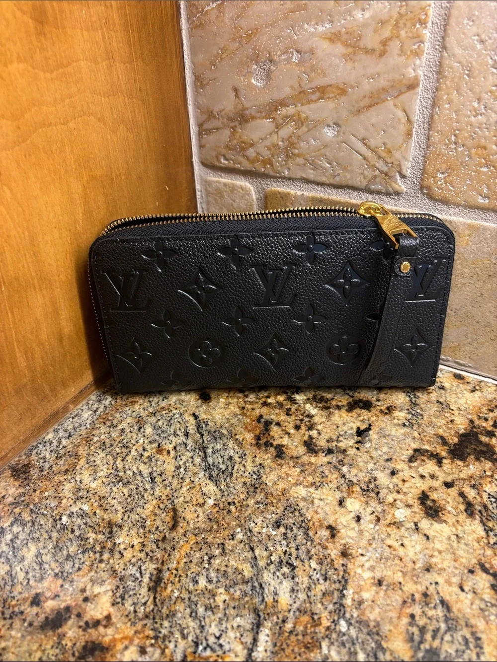 Black Monogram Embossed Zip Wallet with Wrist Strap - Picture 2 of 4